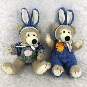 Hugfun Vintage 2001 Teddy Bear Plush Pair in Easter Bunny Hat & Sweater/Overalls